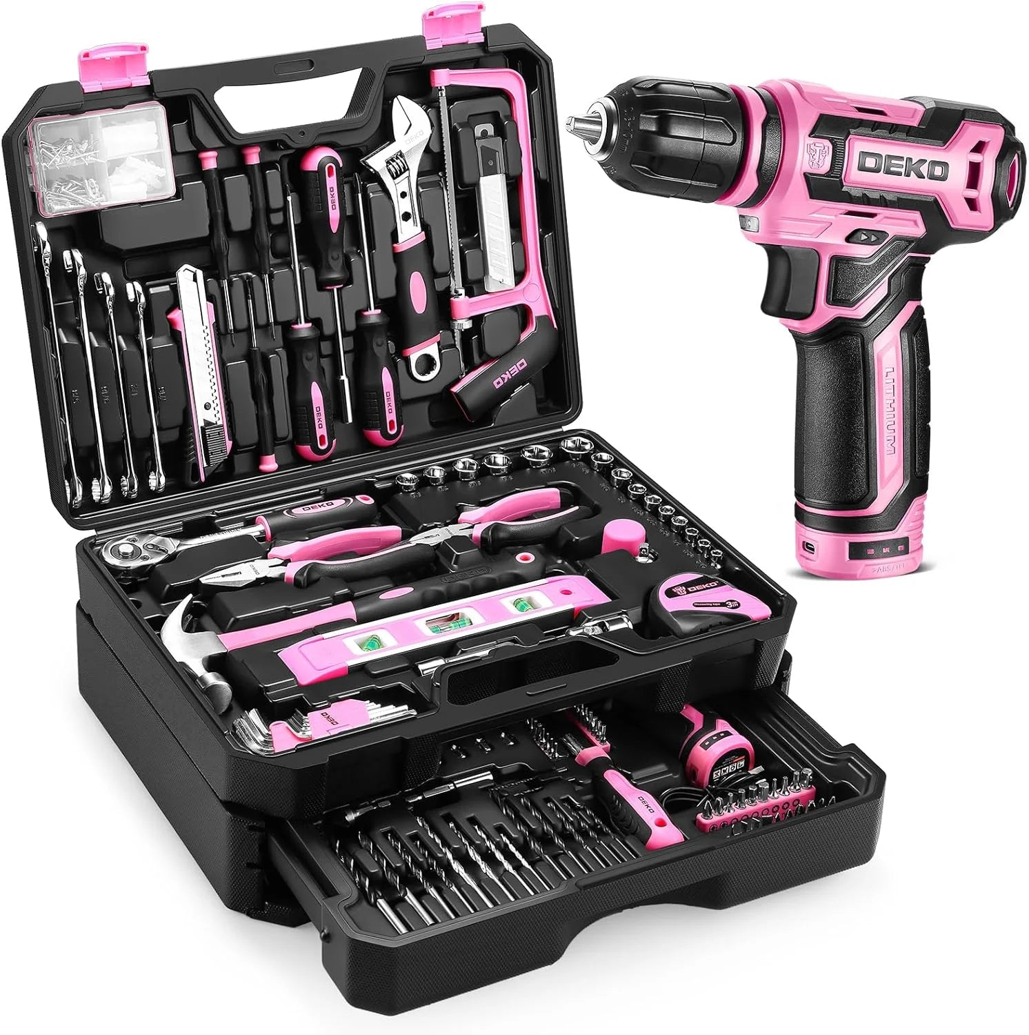 DEKO 12V Cordless Drill Home Mechanic Toolbox Set With Drawer Case