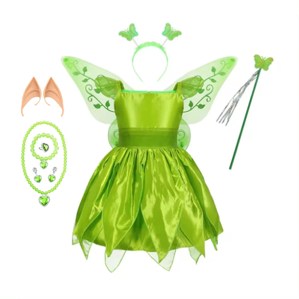 Disney Girls Tinker Bell Costume Halloween Costume for Kids Green Tinkerbell Fancy Dress Fairy Princess Cosplay Carnival Party