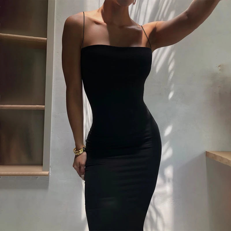 Womens Sexy Solid Color Bodycon Dress Spaghetti Strap