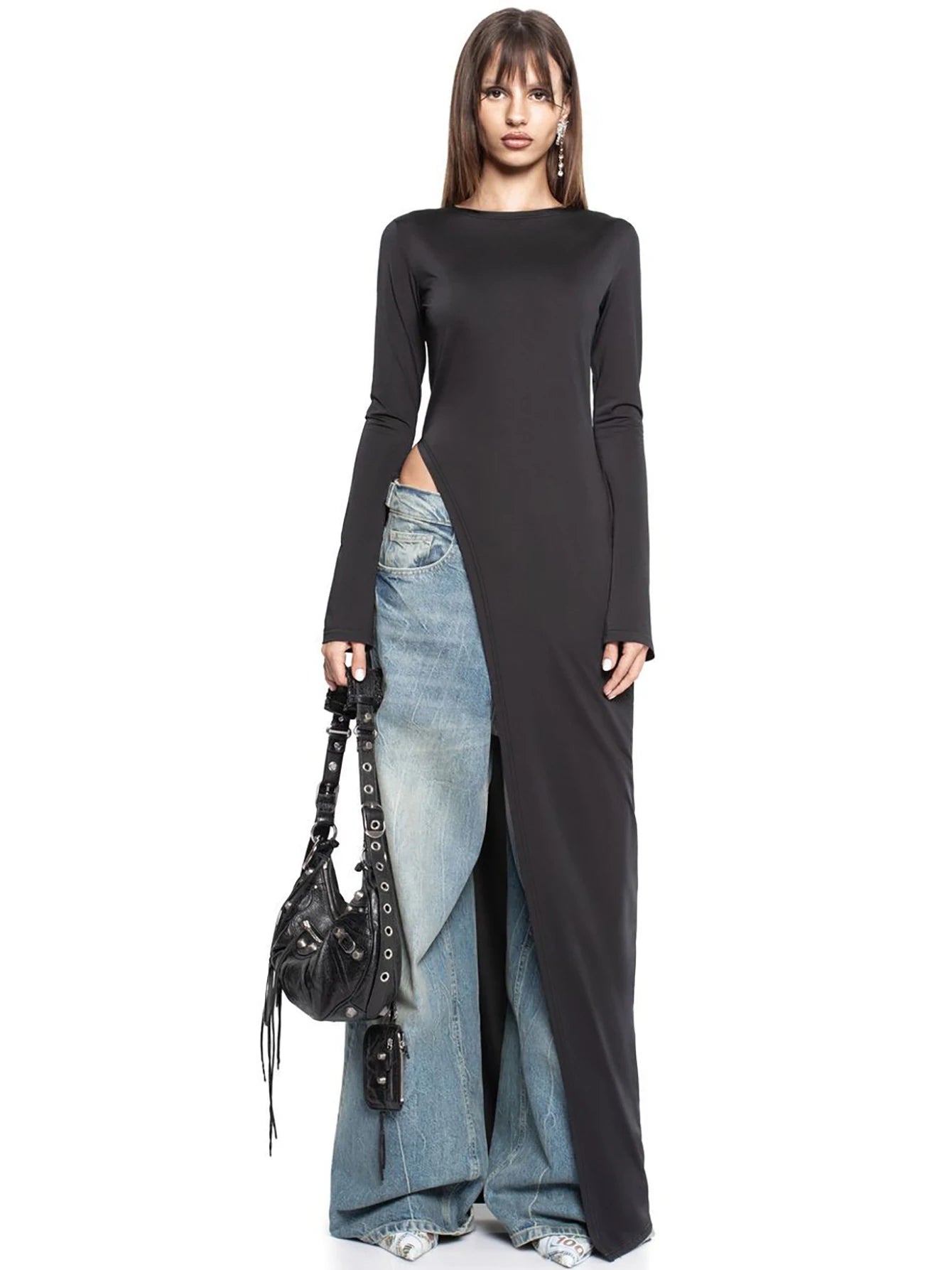 Dulzura Long Sleeve Maxi Dress With Side High Slit Solid Color Women