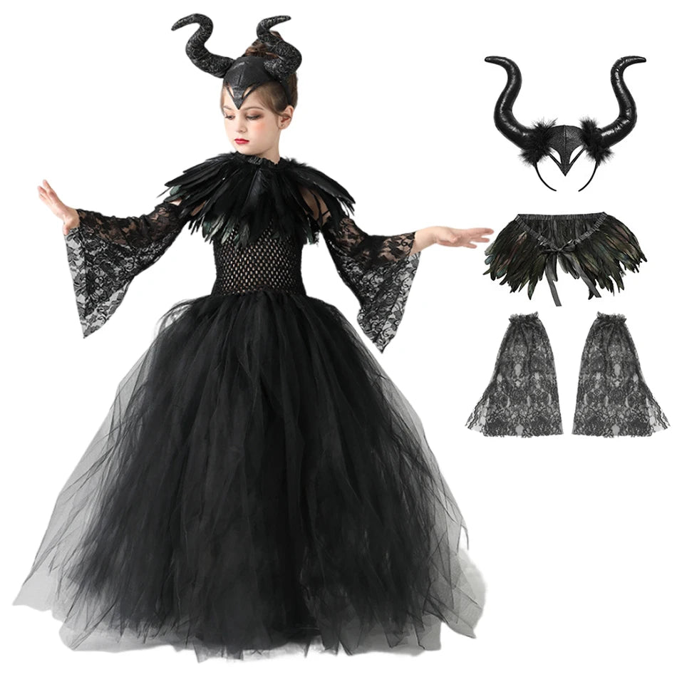Halloween Costume Fashion Tutu Dress For Girls Cosplay Evil Queen Black Mesh Princess Dress Kids Crow Wand Demon Witch Gown