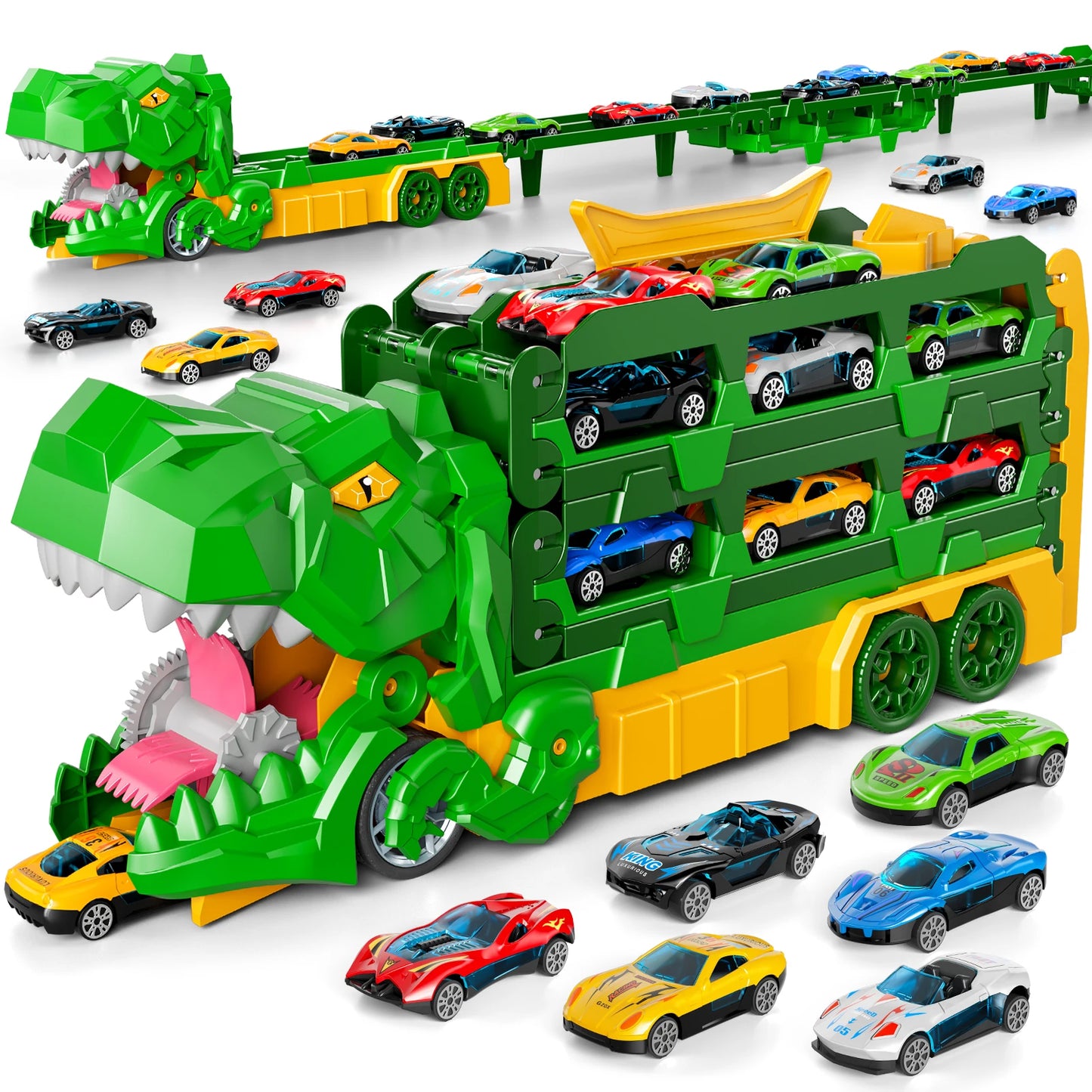 59IN Foldable Dinosaur Transport Truck with 12 Cars Gift