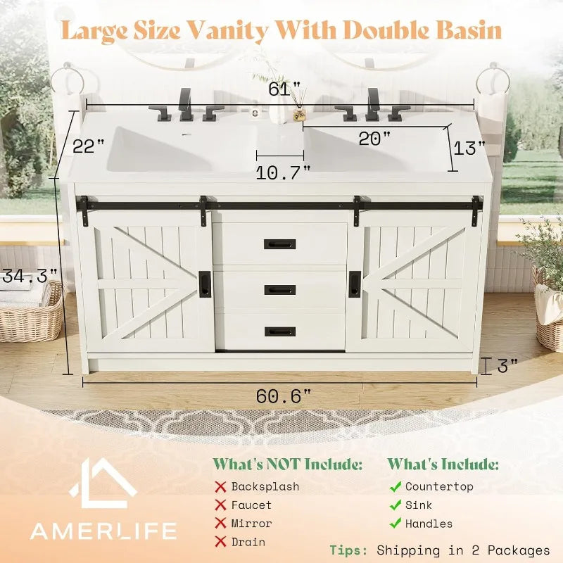 61 Inch Farmhouse Double Bathroom Vanity With Sink Dual Basin Sliding Barn Doors