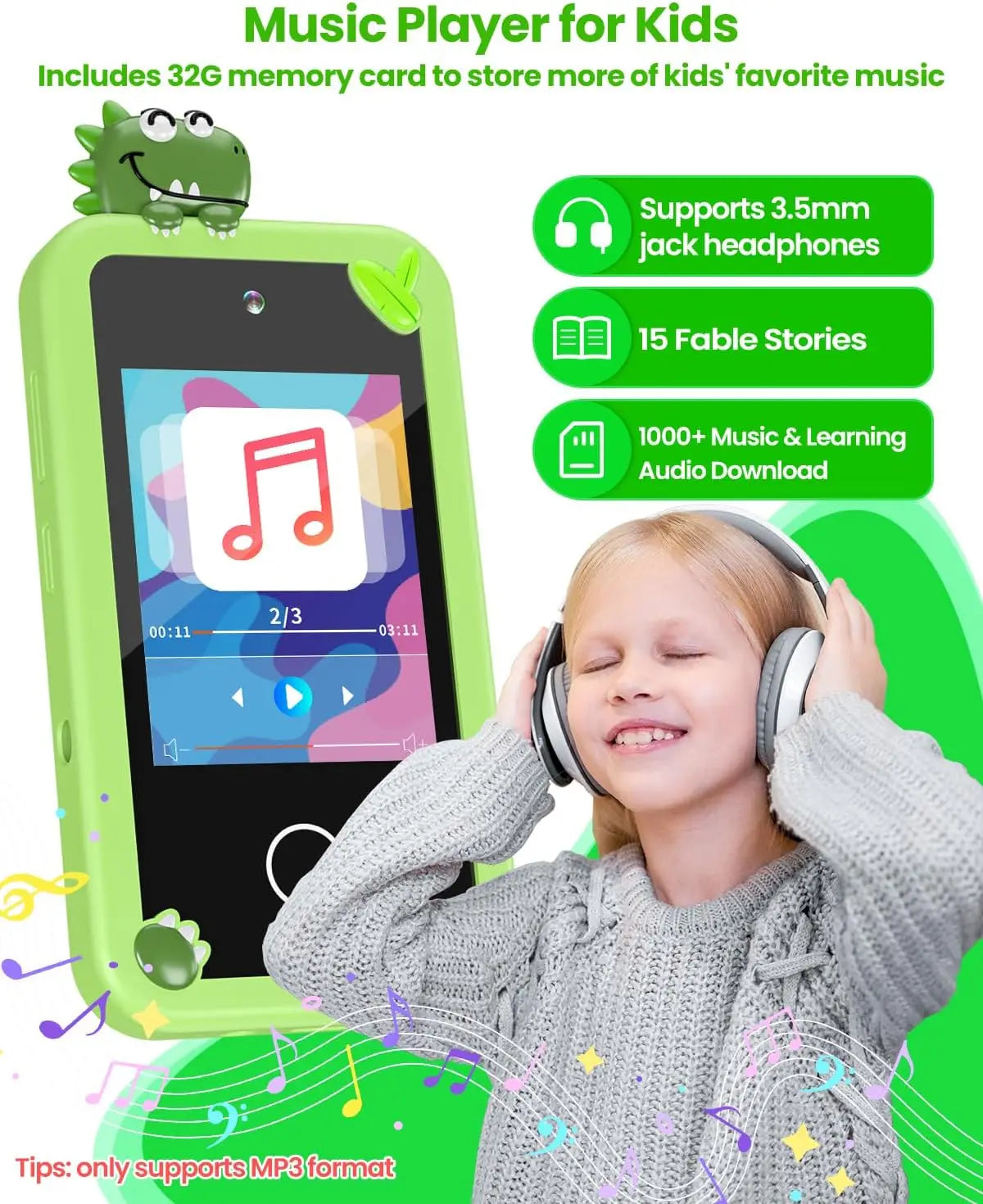 Kids Girl Smartphone with 32G Card Touch Screen Toy Green Dinosaur