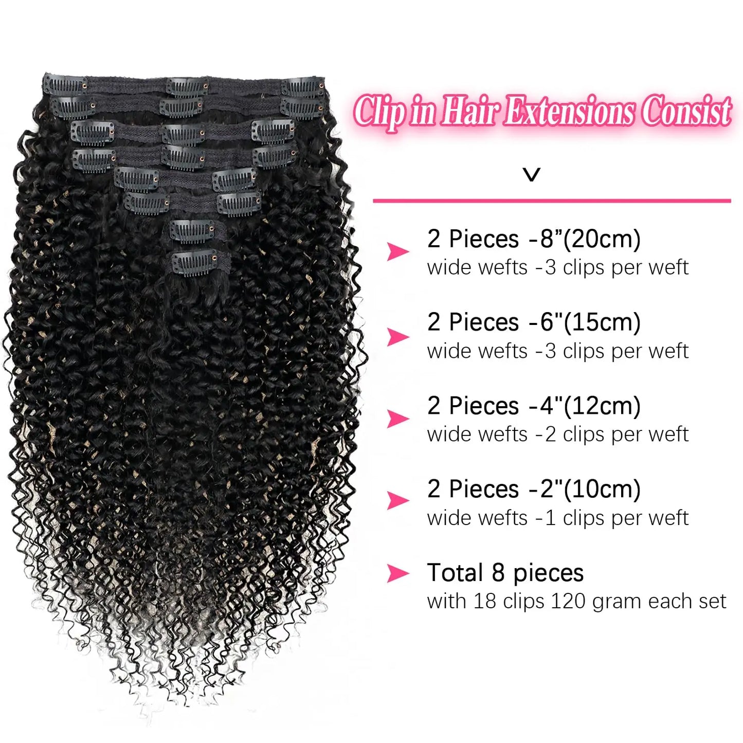 Kinky Curly Clip-In Extensions – 100% Brazilian Remy Human Hair
Add instant volume, bounce, and beauty with our Kinky Curly Clip-In Extensions – made from premium Brazilian Remy human hair for a natural, flawless blend.