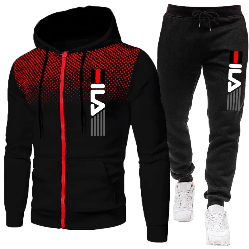 Mens Zipper Hoodie Tracksuit Set With Joggers Autumn Winter Sportswear