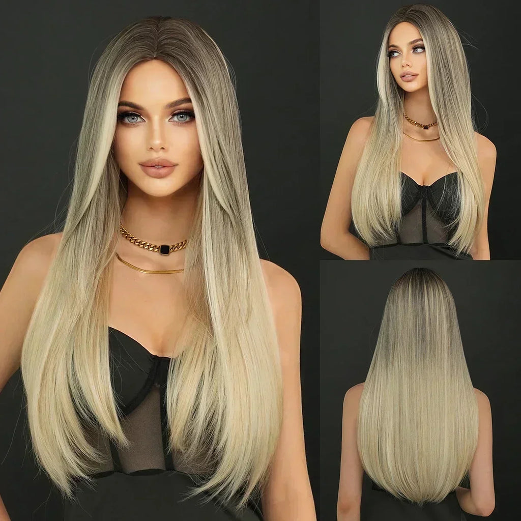 NAMM Synthetic Long Straight Blonde Wig Dark Roots Bangs 26 Inch 150 Density