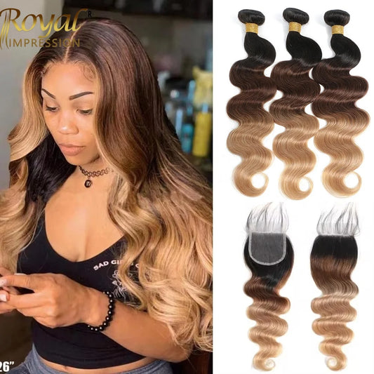 Ombre Color Body Wave Human Hair Bundles With Closure 100 Percent Unprocessed Virgin Remy Hair 1B 4 27