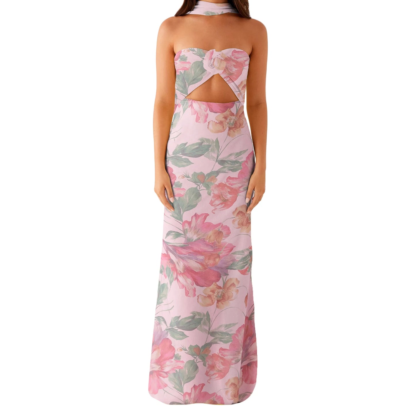 Womens Floral Bandeau Maxi Dress With Cutout And Scarf