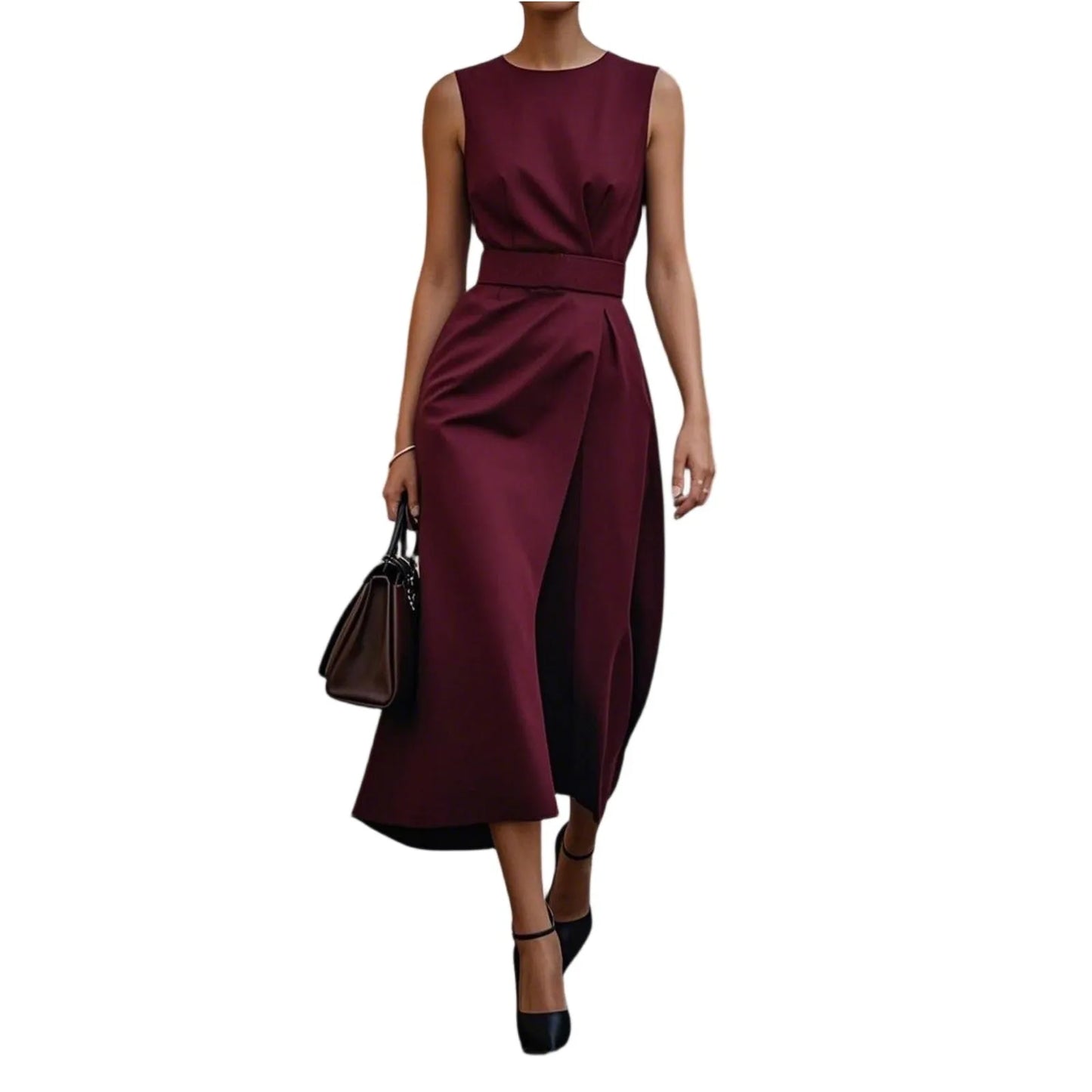 Plus Size Womens Zipper Sleeveless Round Neck Dress Belt