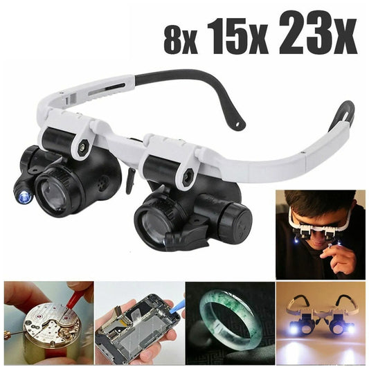 2X LED Watch Jeweler Repair Magnifier Head-Mounted Adjustable Magnifying Glasses Loupe Lens 8X 15X 23X