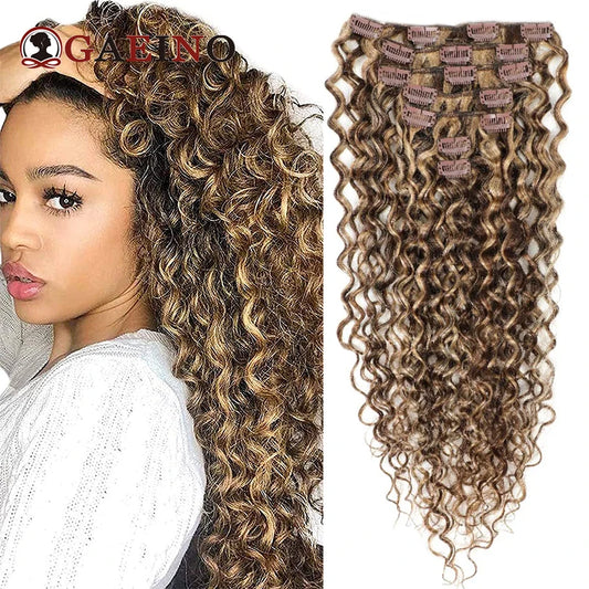 Water Wave Clip In Hair Extensions Real Human Hair 7Pcs Set