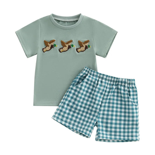 Infant Boy Outfit Set with Cute Animal Embroidery Tee and Stylish Plaid Shorts Summer 2 Piece Set