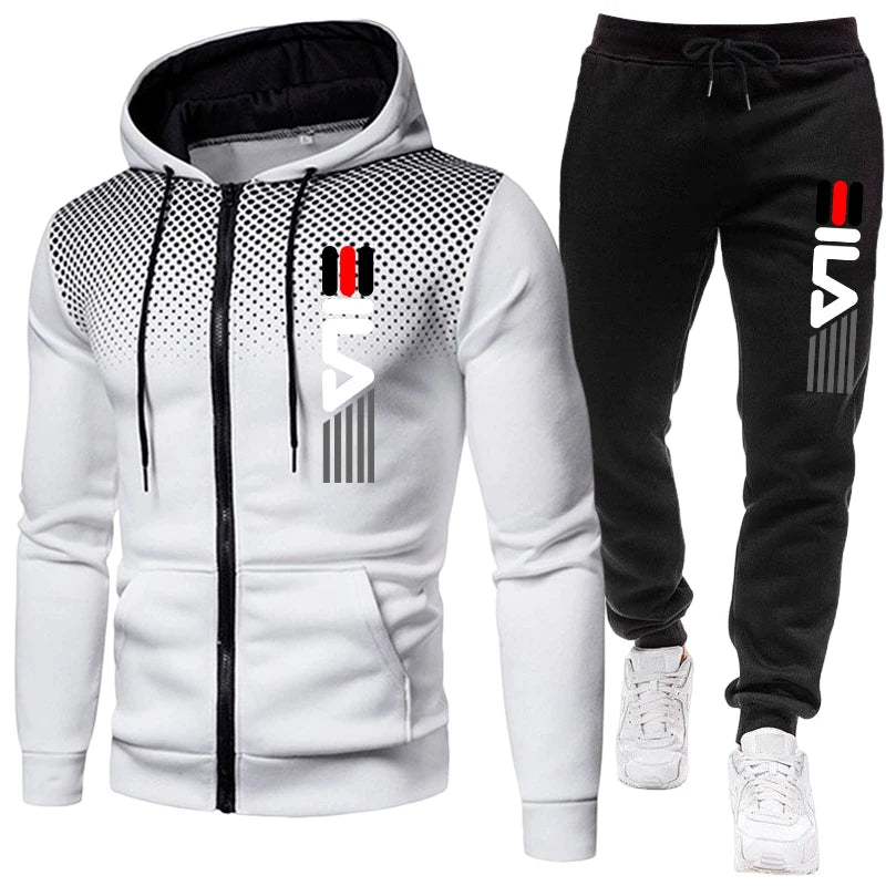 Mens Zipper Hoodie Tracksuit Set With Joggers Autumn Winter Sportswear