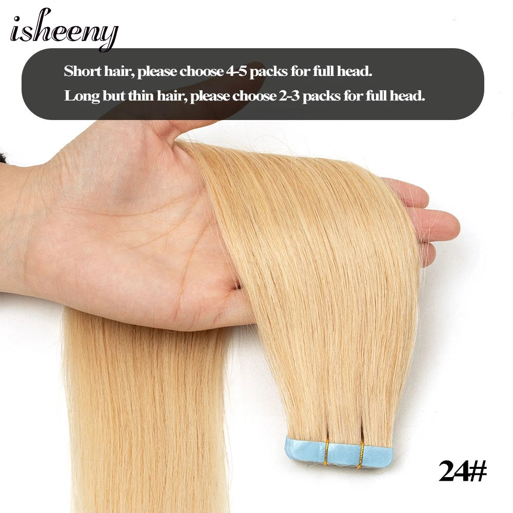 Isheeny Tape In Hair Extensions Non Remy 12 To 24 Inch Natural Blonde Skin Weft