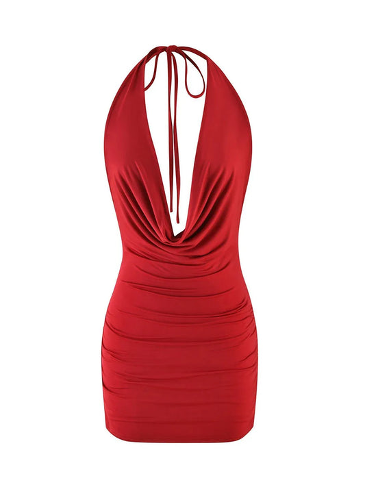Velvet Halter Neck Mini Dress Open Back Ruched Detailing