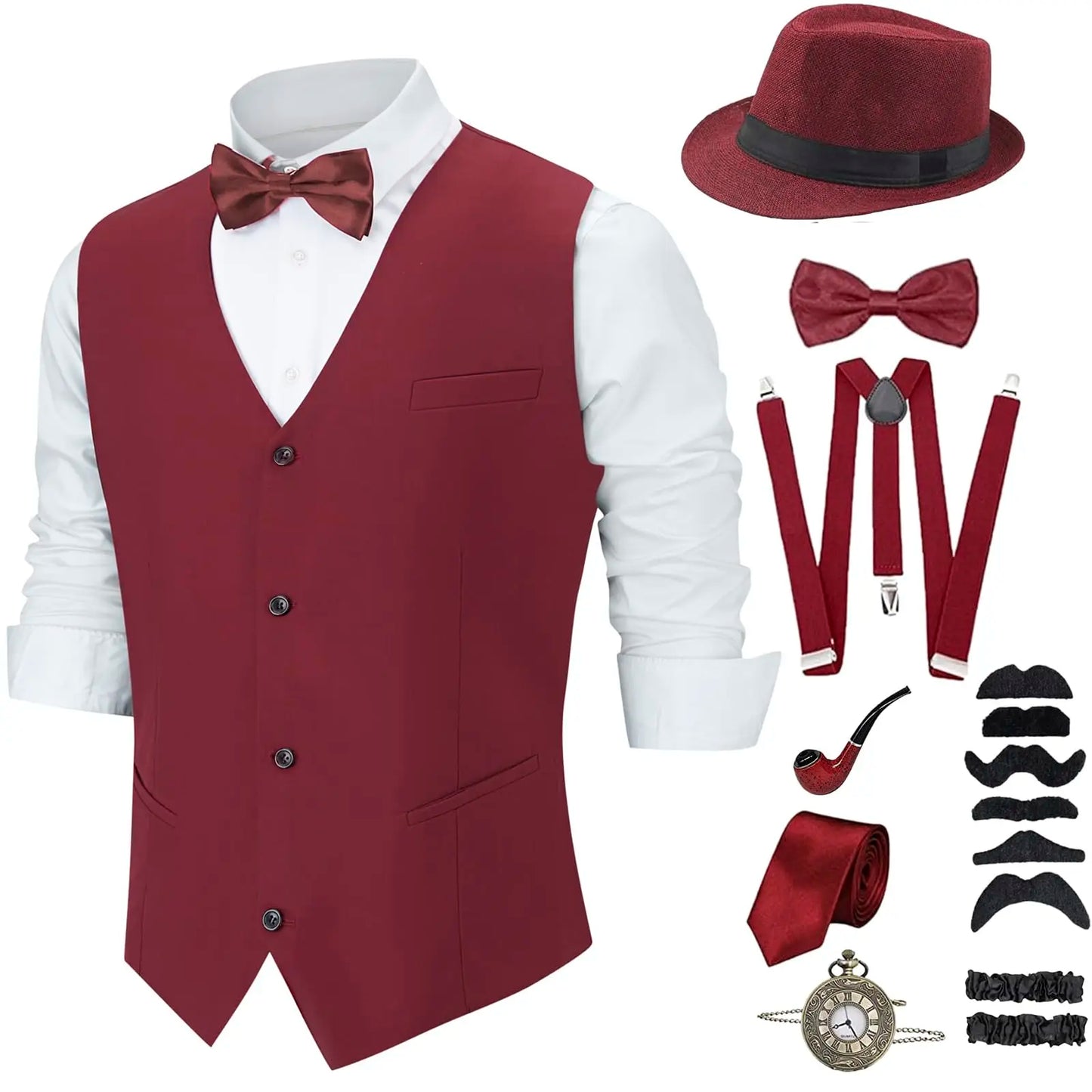 1920s Men's Gangster Costume Set with Vest Hat Suspenders Bow Tie and Accessories Roaring 20s Outfit