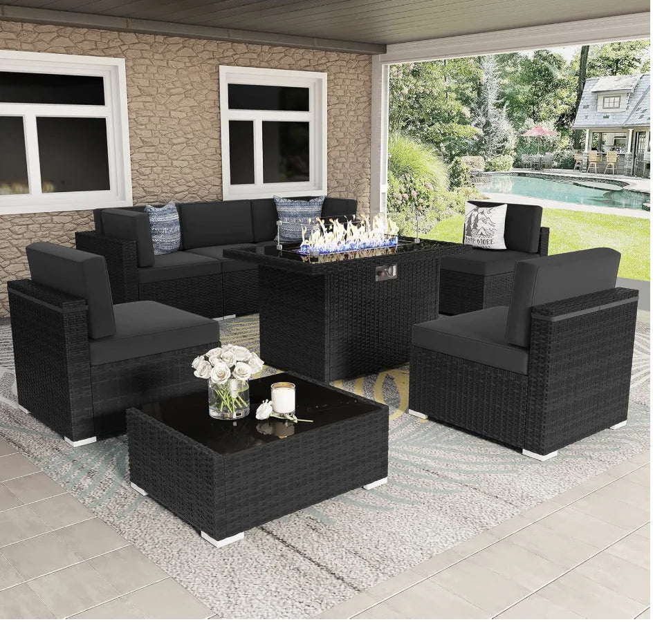 8 Piece Patio Set With 44 Inch Propane Fire Pit Table Wicker Sectional Sofa