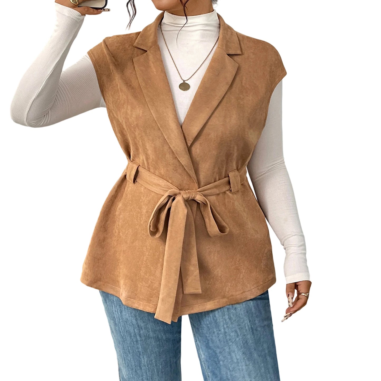 Women Plus Size Sleeveless Vest Belted Lapel Outerwear