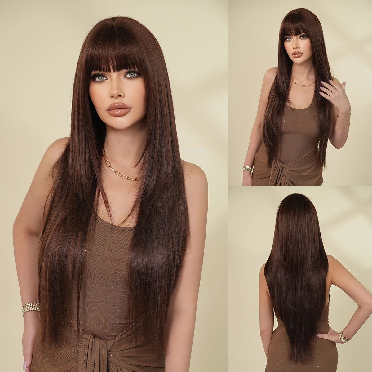 NAMM Synthetic Long Straight Blonde Wig Dark Roots Bangs 26 Inch 150 Density
