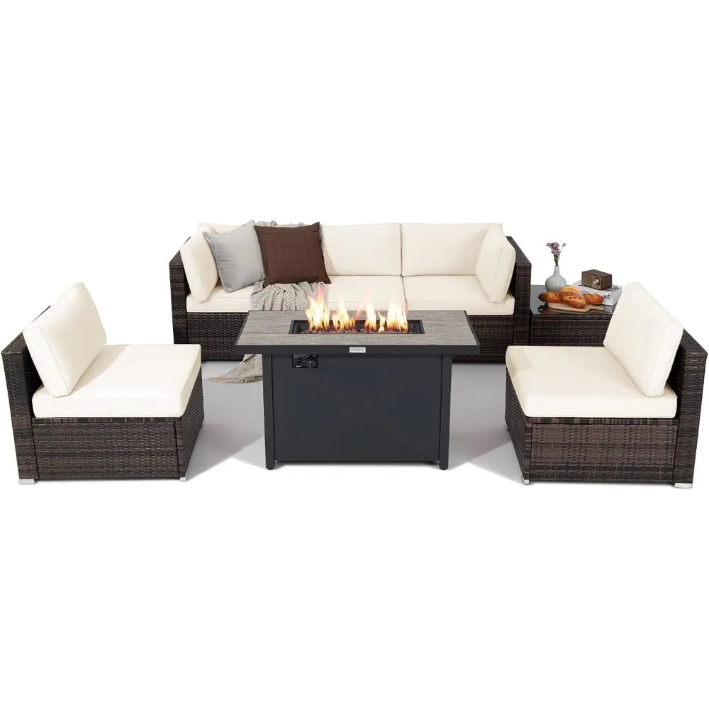 7 Piece Patio Set With Fire Pit Table 42 Inch 60,000 BTU Propane