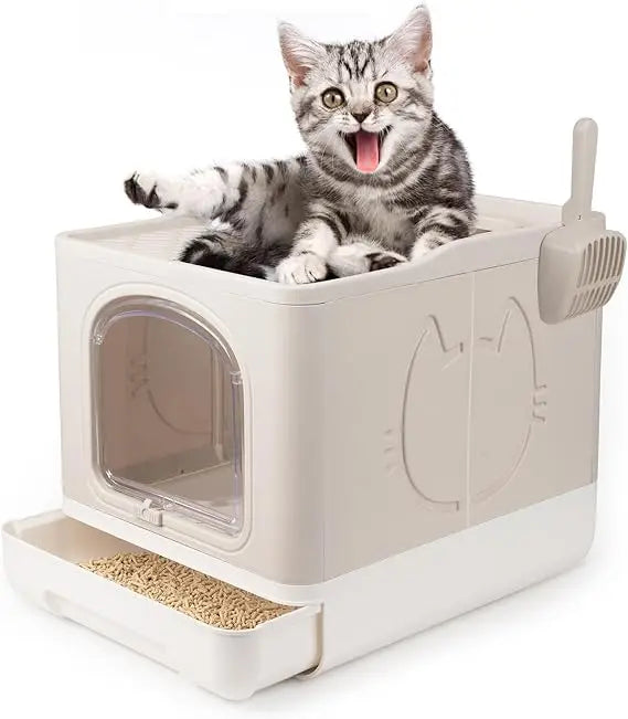 Enclosed Cat Litter Box, Large Covered Litter Box for Cats with Drawer Kitty Litter Pan Top Side Entry Cat Toilet with Lid Easy