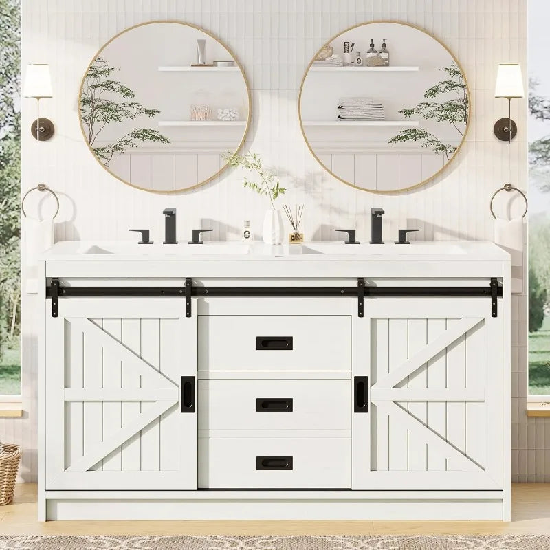 61 Inch Farmhouse Double Bathroom Vanity With Sink Dual Basin Sliding Barn Doors