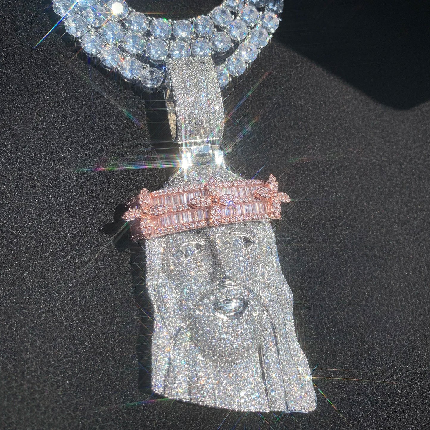 CUC Baguette Zircon Jesus Head Pendant HipHop Necklace Chain