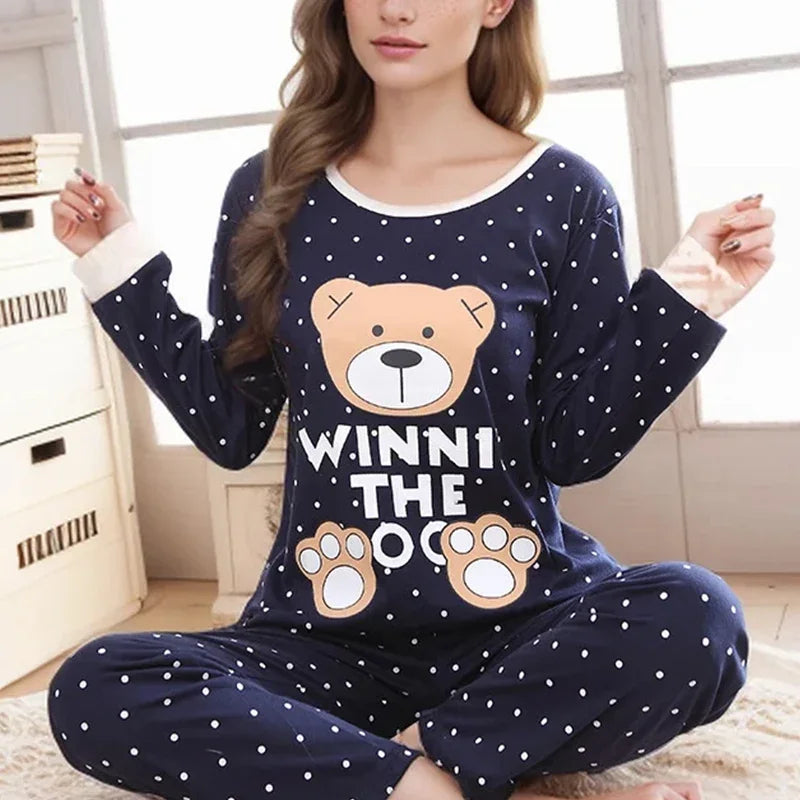 Ladies Cartoon Bear Pajama Set Long Sleeve Two Piece Soft Easy Care Sleepwear