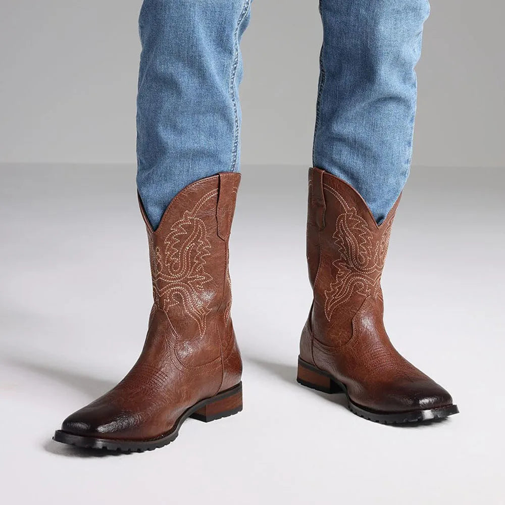 DoraTasia Plus Size 12.5 Retro Square Toe Western Boots Embroidered Pull On
