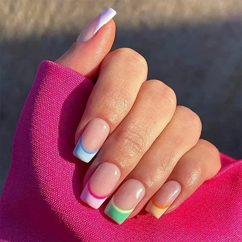 24 Pcs Almond Shape French False Nails with Glue Press On White Edge Design Simple Wearable Pink Stiletto Nail Tips