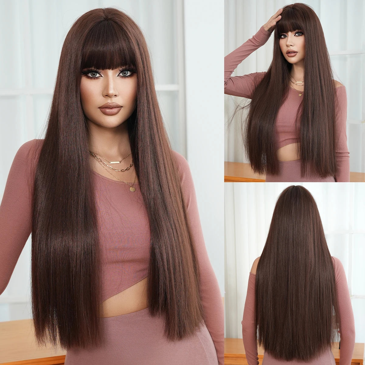 NAMM Synthetic Long Straight Blonde Wig Dark Roots Bangs 26 Inch 150 Density