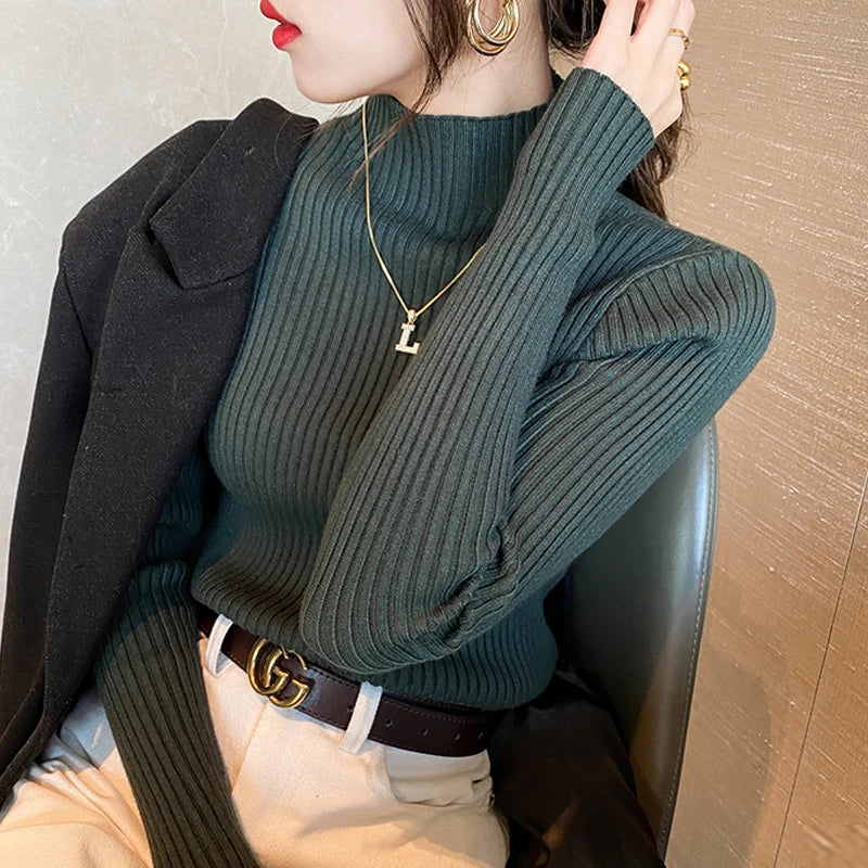 Winter Mock Neck Long Sleeve Knit Sweater For Women Slim Fit