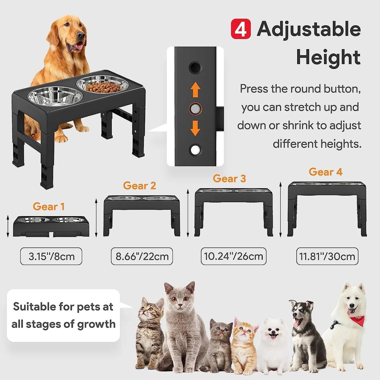 Multi Heights Folding Feeder Raised Dog & Cat Bowls Adjustable Heights Stainless Steel