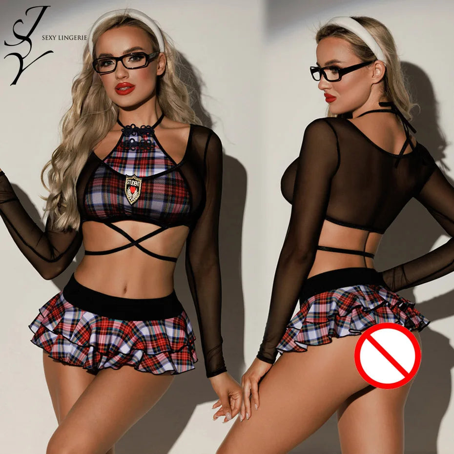 JSY Sexy School Girl Uniform Cosplay Lingerie Women Underwear Black Leather Dress Babydoll Nightgown Belt Sexy Role Play Outfit