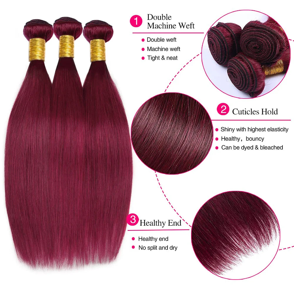 Burgundy 99J Human Hair Bundles With 4x4 Closure 12A Straight Burmese Remy Weft