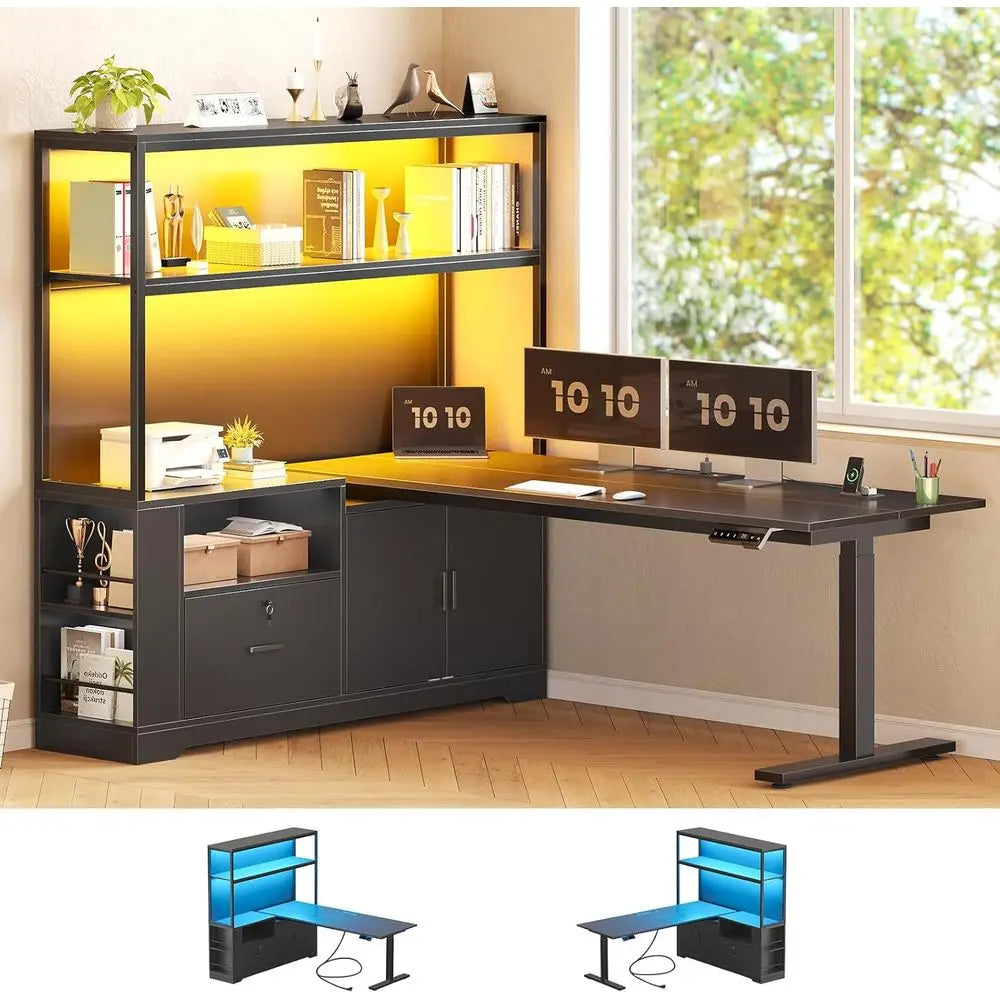 Corner L Shaped Standing Desk With Drawers Hutch LED Lights Power Outlets
