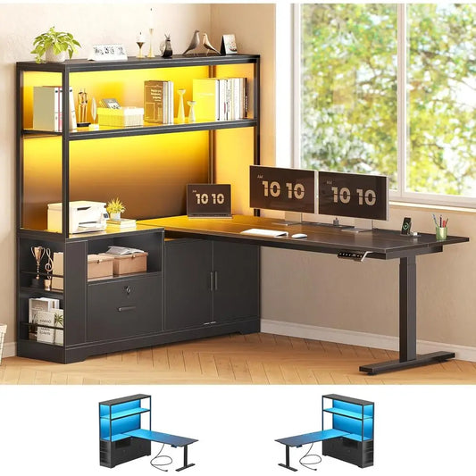 Corner L Shaped Standing Desk With Drawers Hutch LED Lights Power Outlets