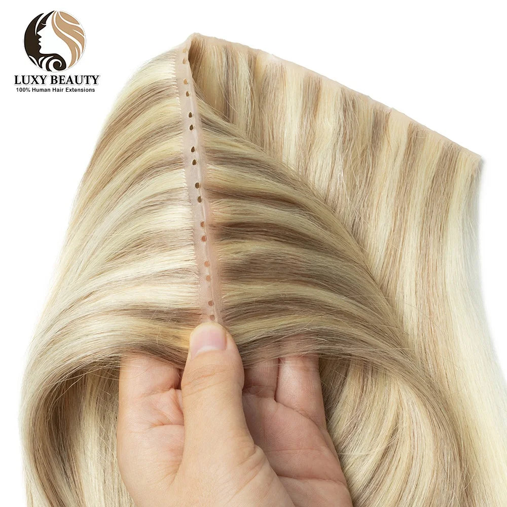 Blonde 613 Invisible Twin Tab Hole Weft Human Hair Extensions Straight Remy