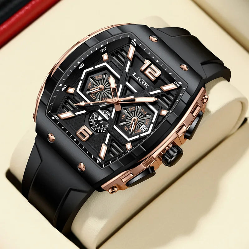 LIGE Men Waterproof Quartz Watch Silicone Band Luminous Dial 50mm Case
