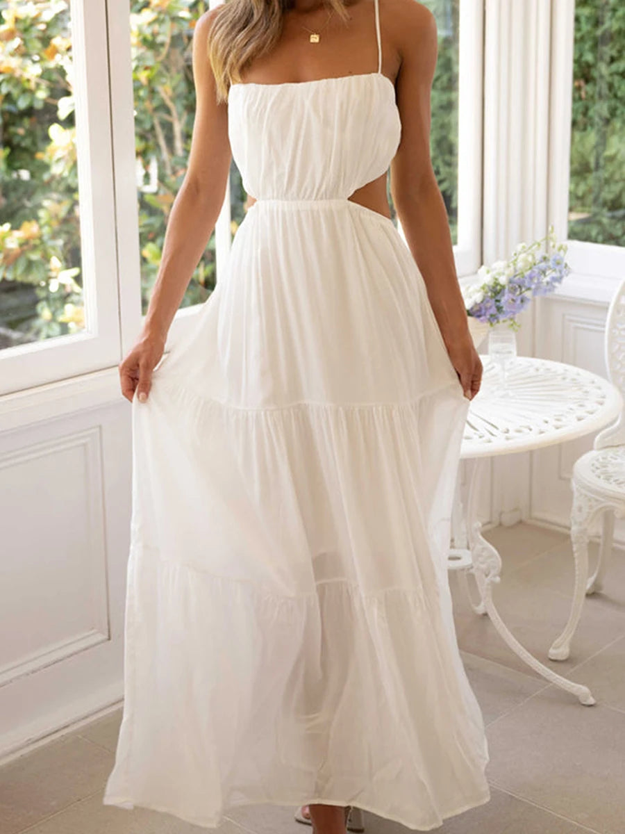 Elegant Sleeveless Maxi Dress With V Neckline Ruched Waist