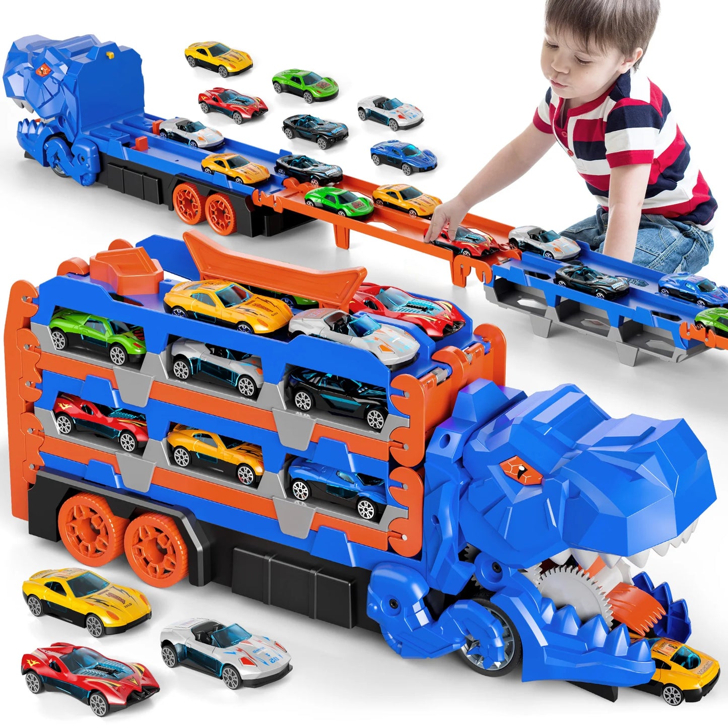 59IN Foldable Dinosaur Transport Truck with 12 Cars Gift