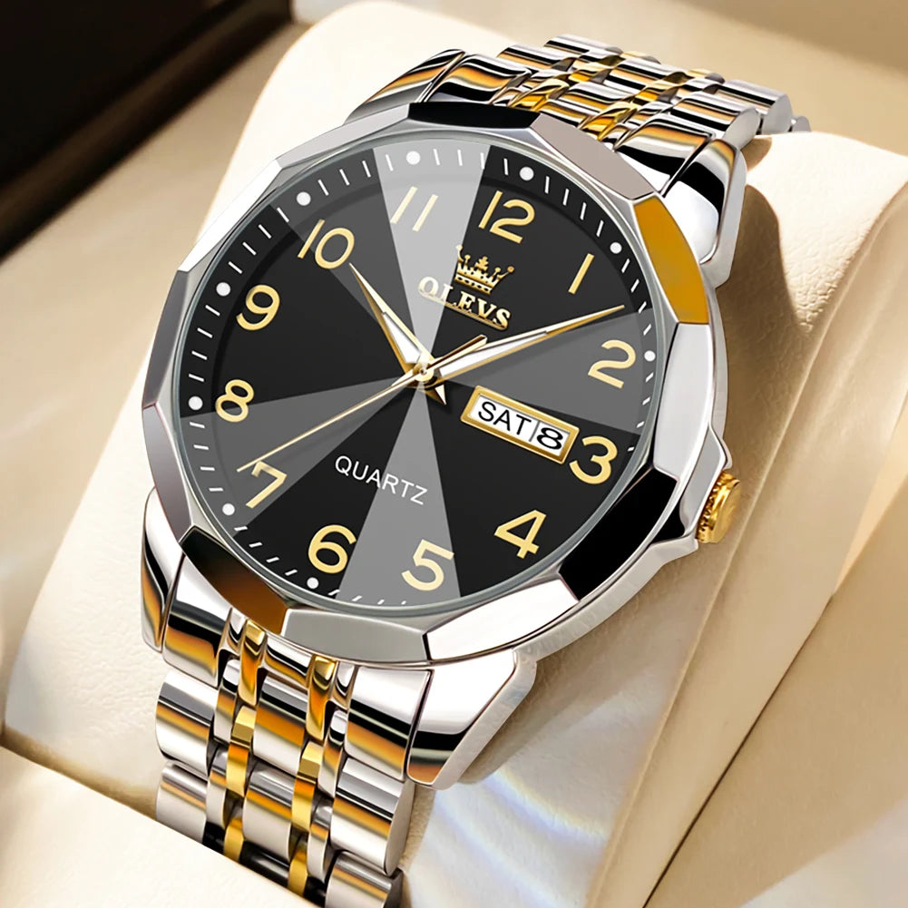 OLEVS Mens Quartz Watch Waterproof Stainless Steel Luminous Dial Date Week Dress