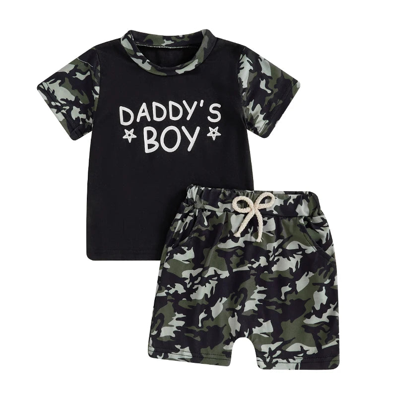 Toddler Boys Casual Outfits Camo Print Tee and Elastic Waist Shorts Set