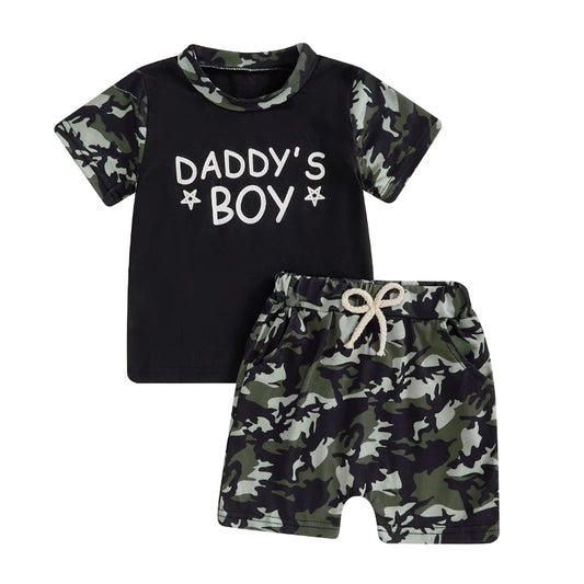 Toddler Boys Casual Outfits Camo Print Tee and Elastic Waist Shorts Set