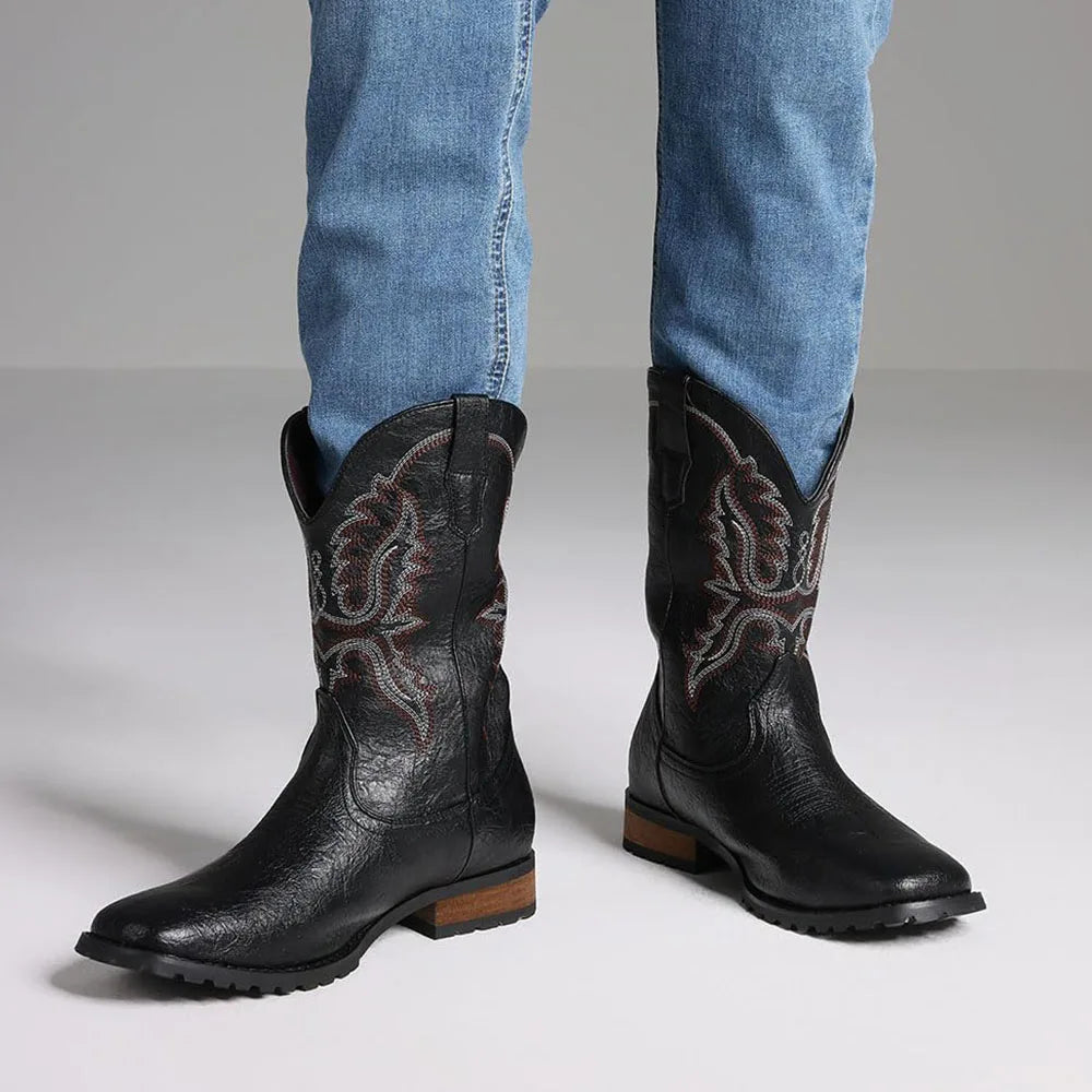 DoraTasia Plus Size 12.5 Retro Square Toe Western Boots Embroidered Pull On