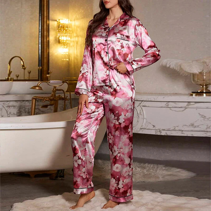 Womens Satin Color Block Floral Print Pajama Set With Long Sleeve And Pants