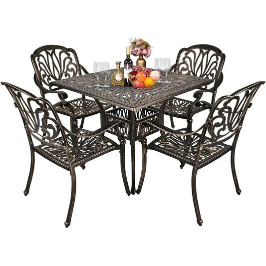 5 Pieces Outdoor Patio Dining Set, Cast Aluminium Patio Furniture Set with 4 Chairs and 1 Umbrella Table for Yard, Garden, Porc
