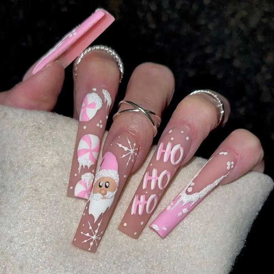 24pcs Glitter Pink Sequins Fake Nails 2025 Halloween Scary Skull Love Print False Nails Wearable European Ballet Press on Nails