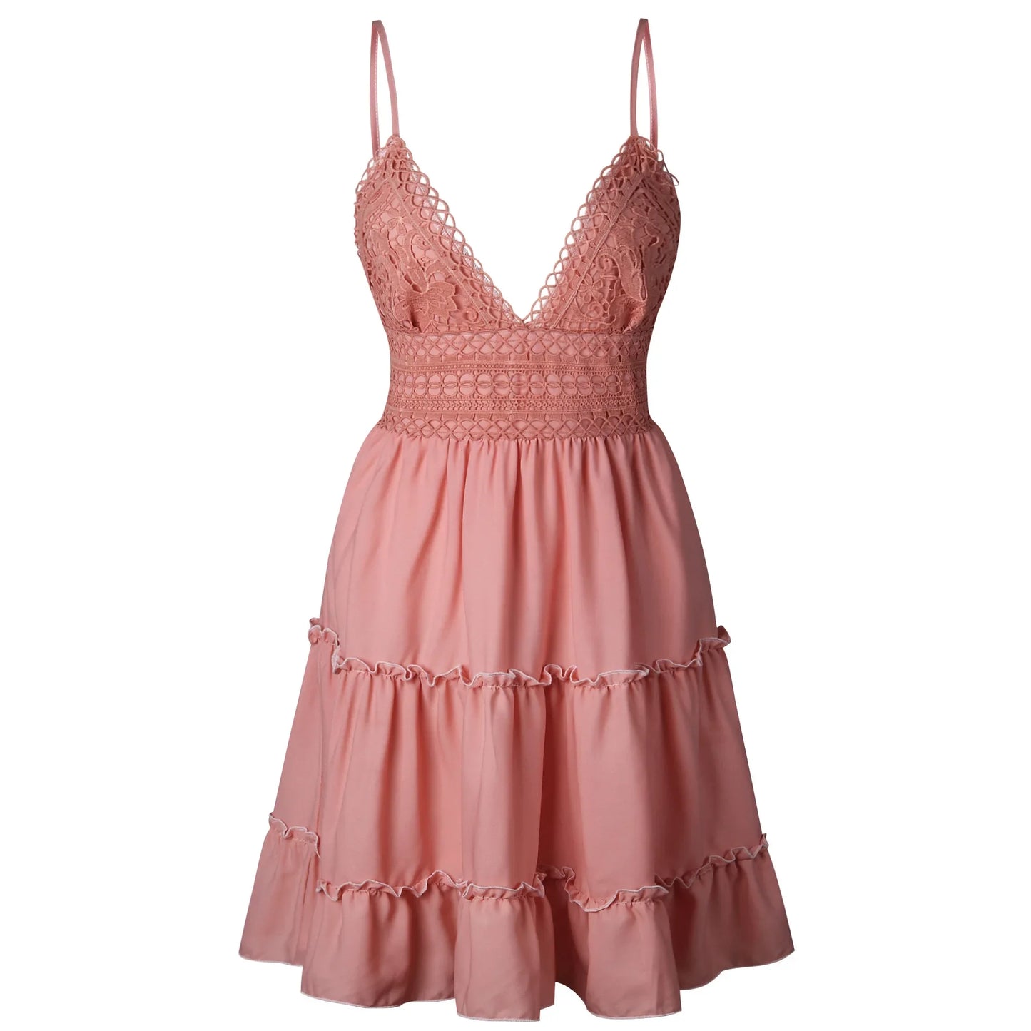 Women Summer Dress Lace Strap Solid Color Elegant Beachwear